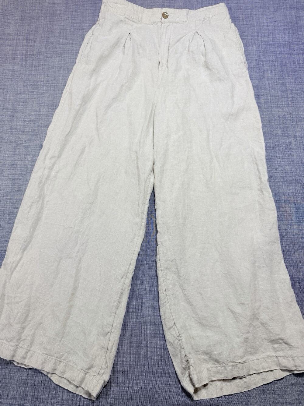 H Halston 100% Linen Wide Leg Cropped Pants Oatmeal Coastal Minimalist Sz 12 .